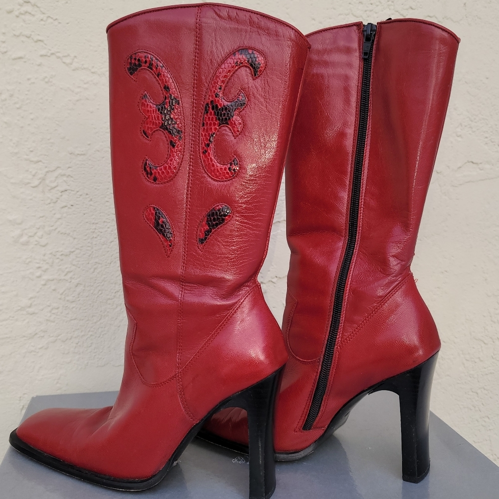 Guess Red Leather Heeled Boots size 6.5